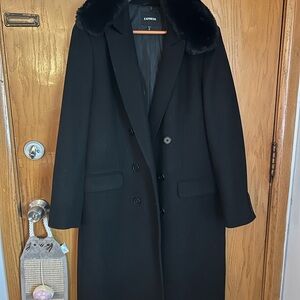 Express Women's Elegant Black Pea Coat with Faux Fur